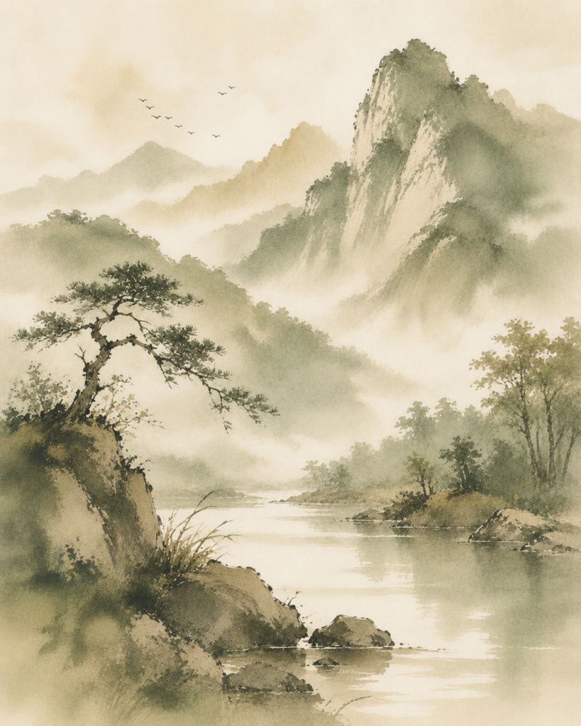 A serene watercolour image of a lake at the foot of mountains