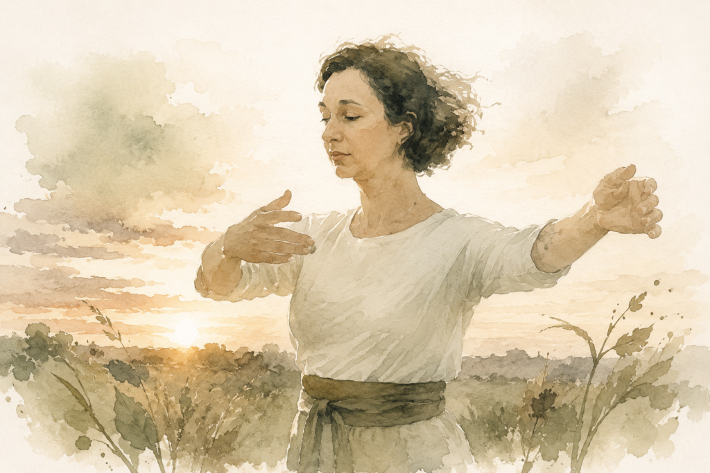 Serene woman practices Qi Gong in a field at sunset