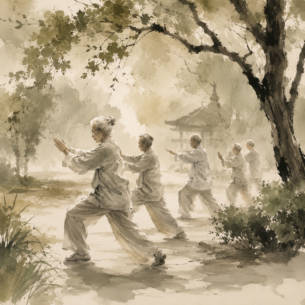 Group of seniors practicing Tai Chi in a misty garden