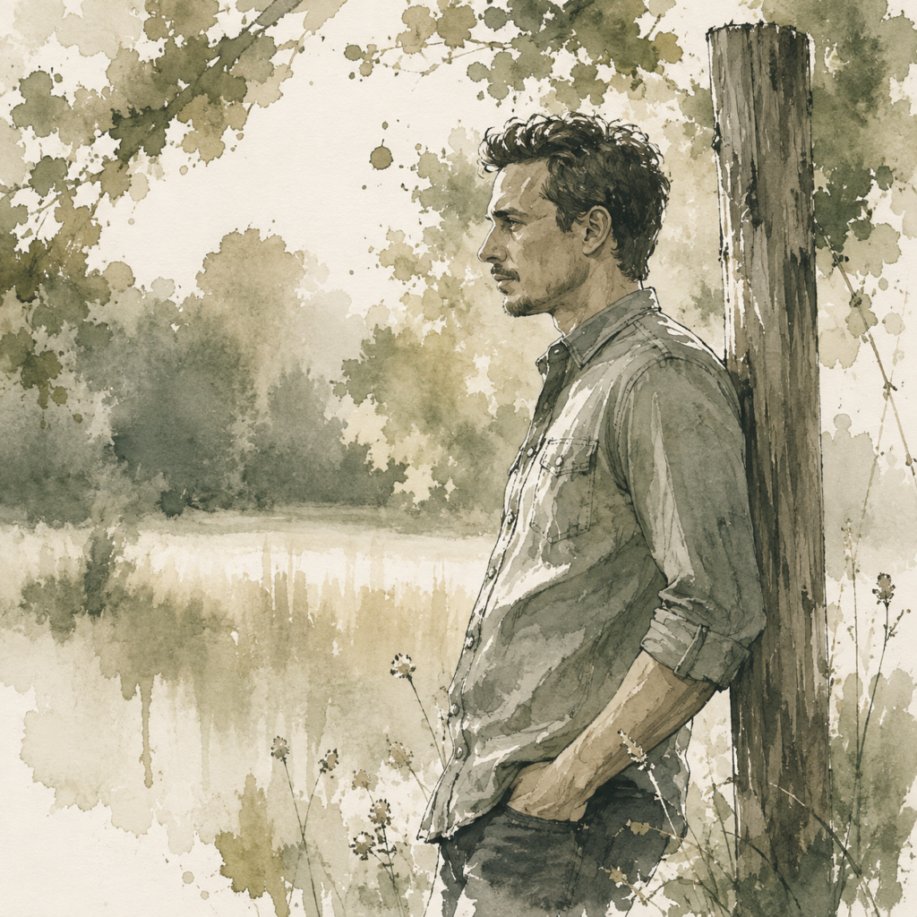 Reflective man leans against a tree