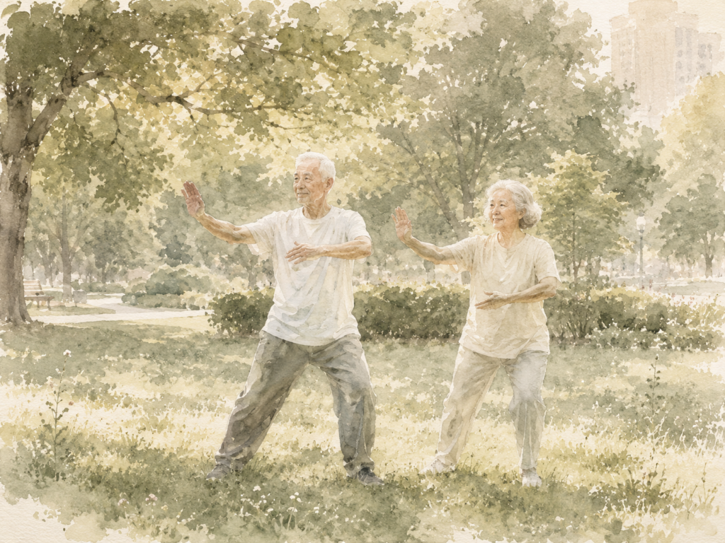 Seniors practice gentle tai chi outdoors