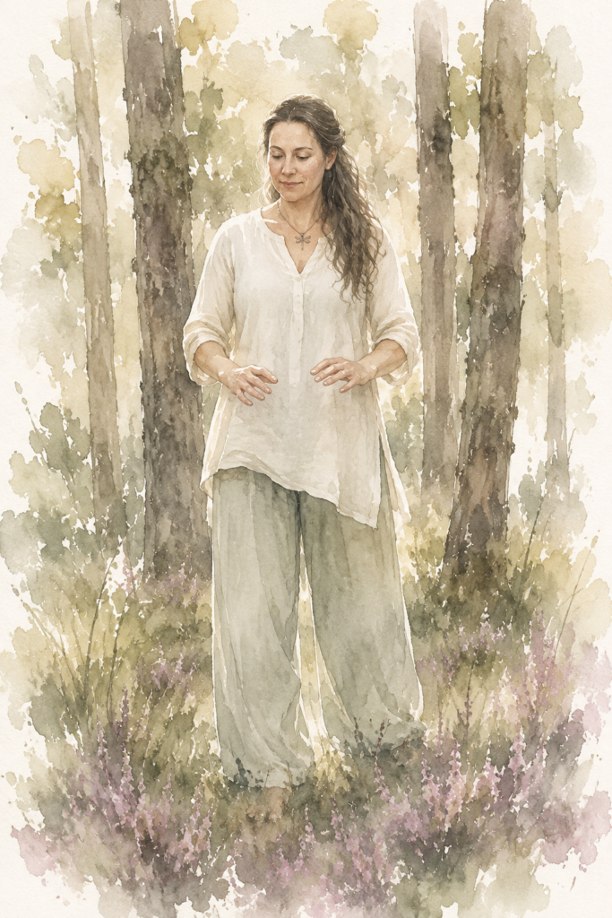Serene woman practicing qi gong in a forest clearing