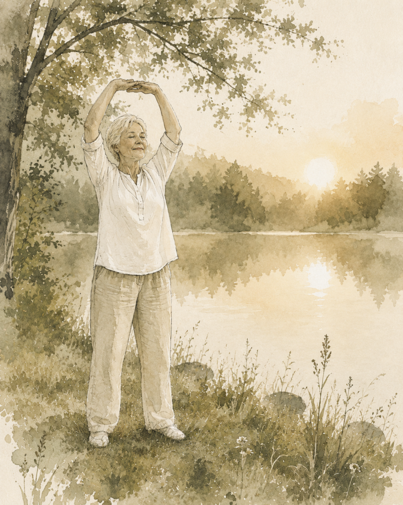 Watercolour image of a serene
senior woman practising qi gong beside a lake at sunrise