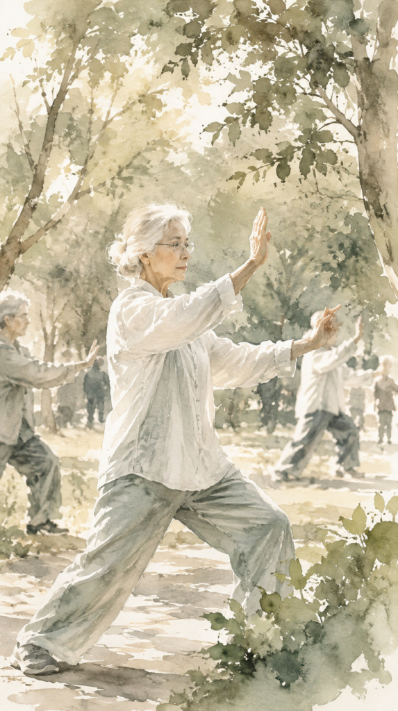 Graceful sensiors practicing Tai Chi in the park