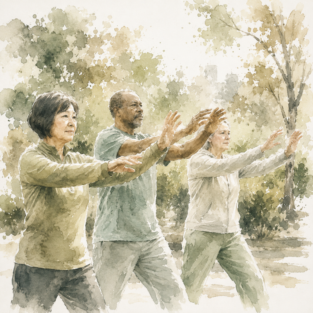 Beginners practice Tai Chi in the park