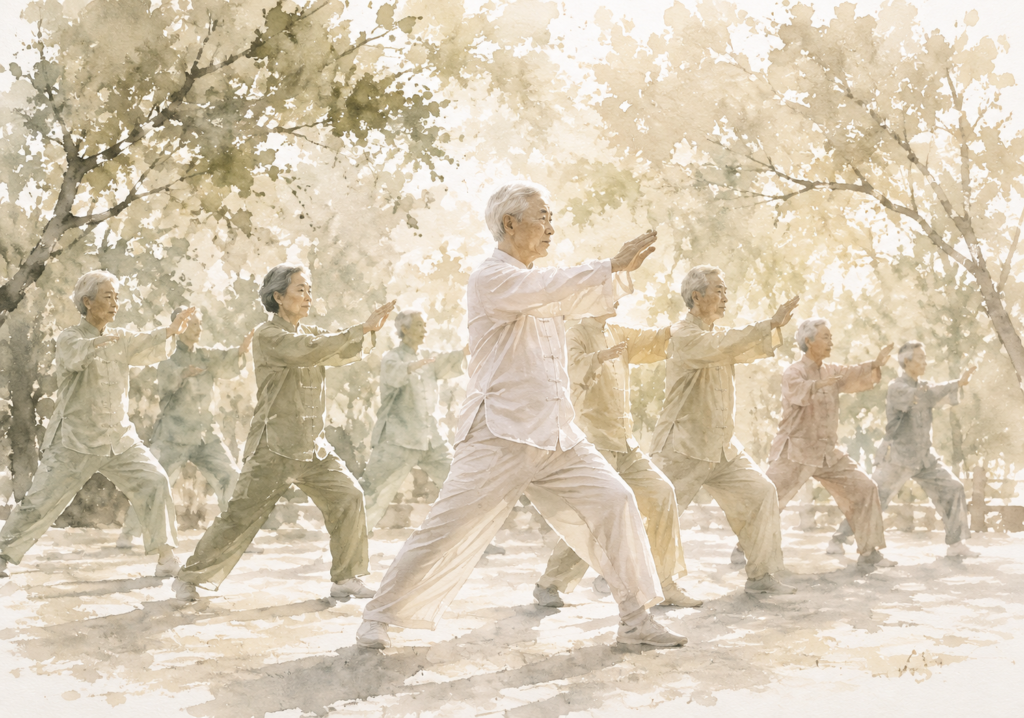A group of seniors practicing Tai Chi together in the park