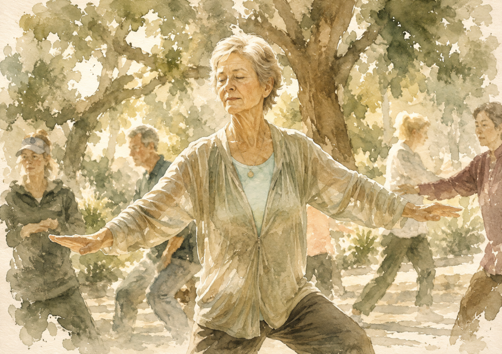 Watercolour of a serene older woman practicing tai chi with others in a park
