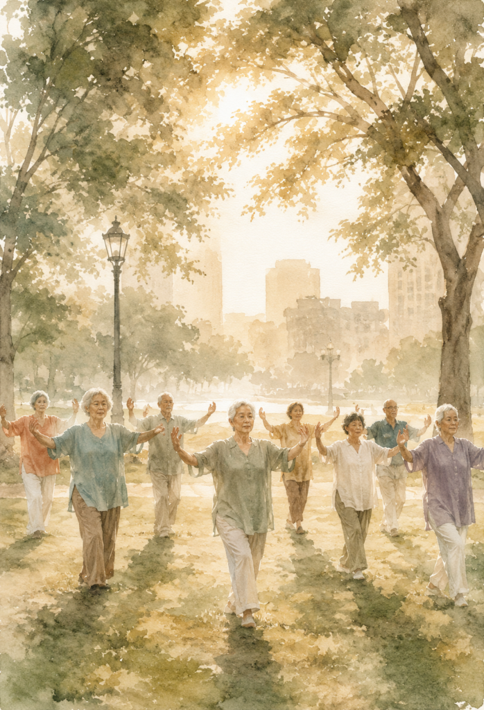 Group of women practicing tai chi at sunrise in the park