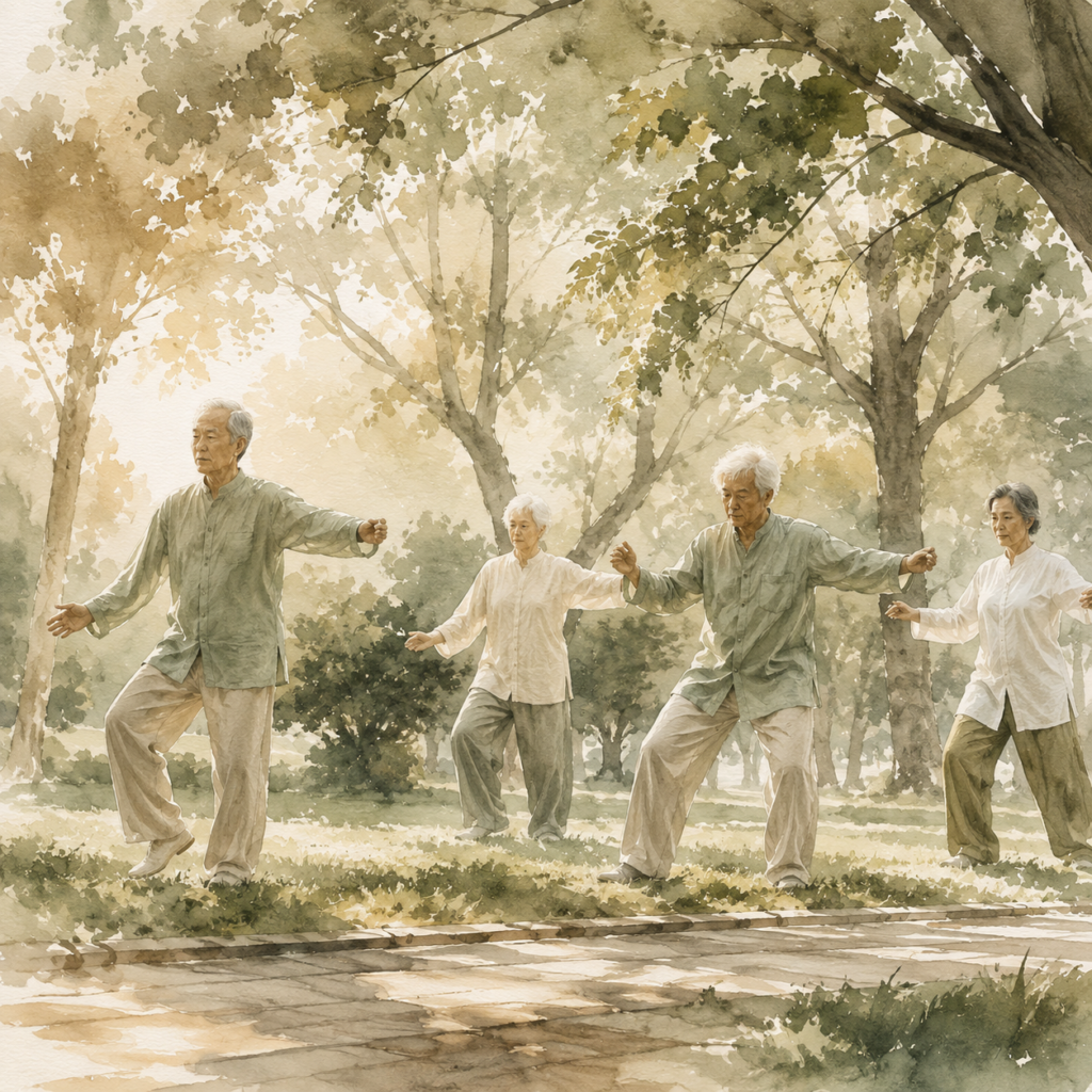 a group of seniors gently practicing tai chi in a sunlit park