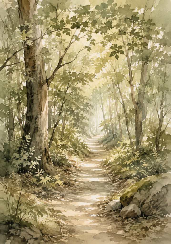 Watercolour of a woodland path disappearing into the trees in soft morning light