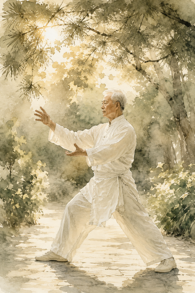 A senior man practicing tai chi in a sunlit garden