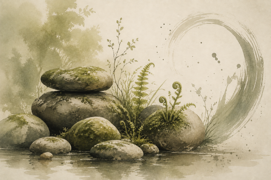 Watercolour of mossy stones symbolsing resilience and support