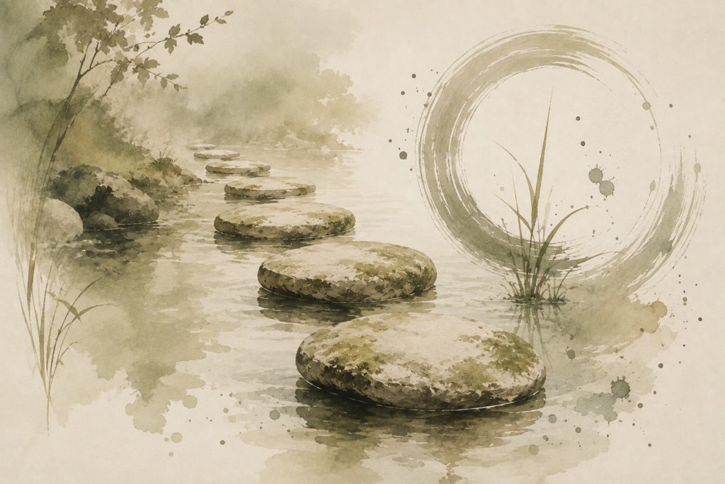 Watercolour image of mossy stepping stones in a quiet lake symbolising balance