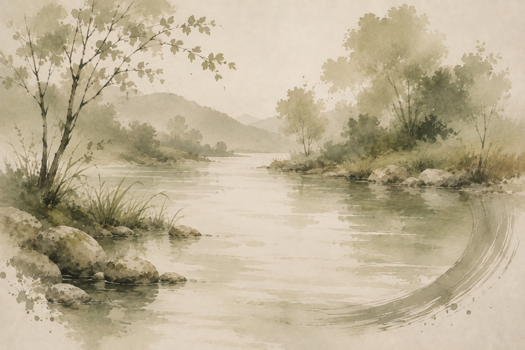 Watercolour image of a calm lake surrounded by trees with mountains in the background