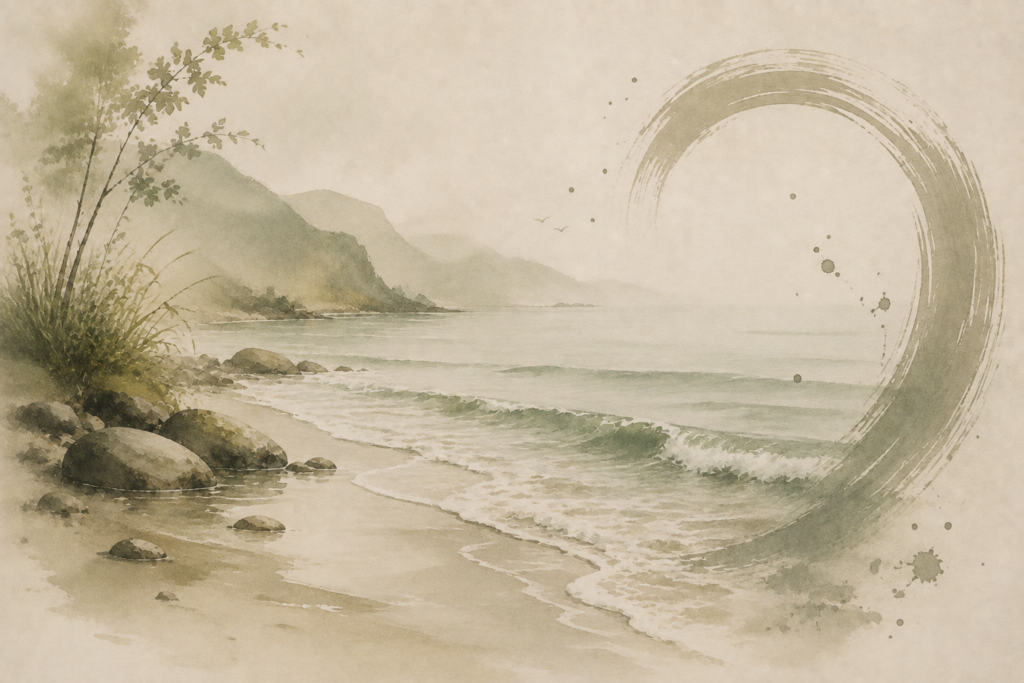 Watercolour image of gentle waves washing onto the shore with mountains in the distance.