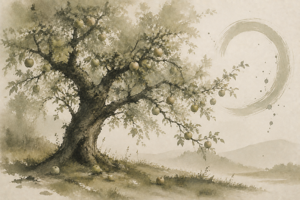 Watercolour image of an ancient apple  tree bearing fruit with misty mountains in the distance