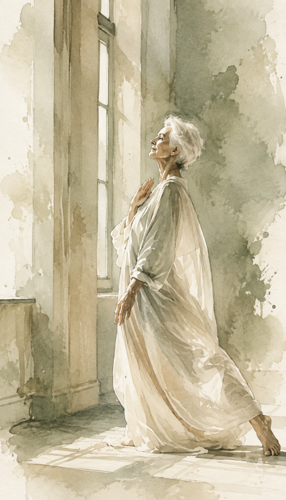 Watercolour of an elegant older woman moving gently in front of a window