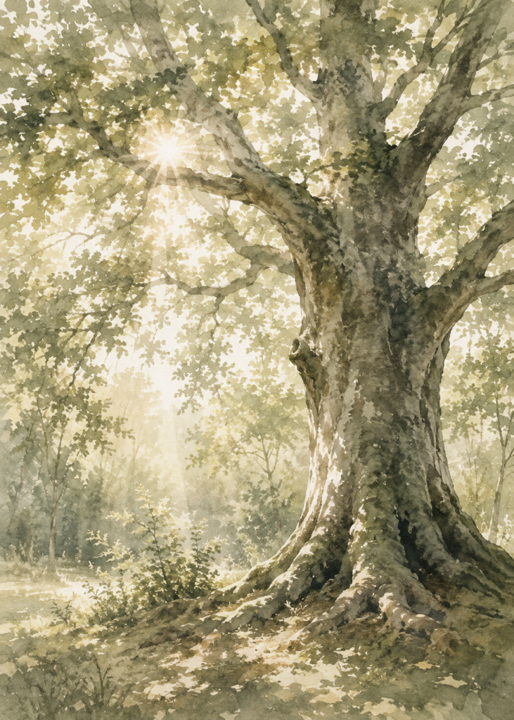 watercolour of an ancient tree with sunlight through the canopy