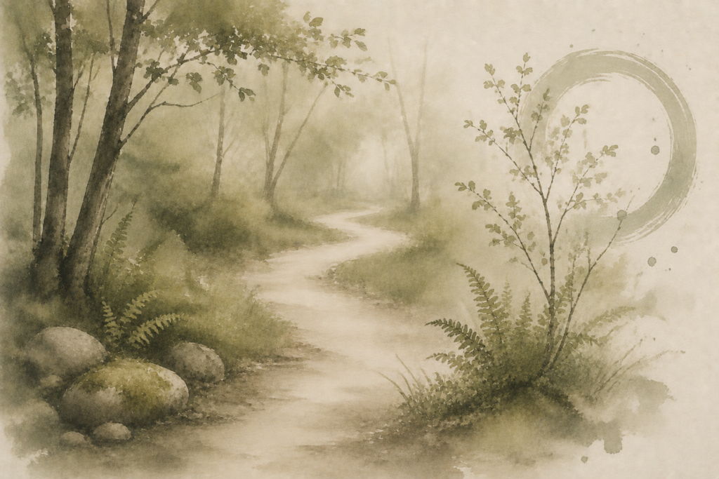 Watercolour image of a path winding through a misty forest