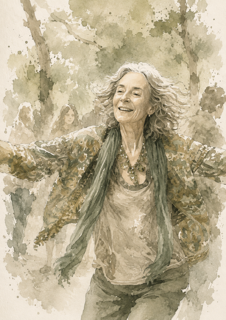 Joyful older woman in relaxed clothes moves freely outdoors