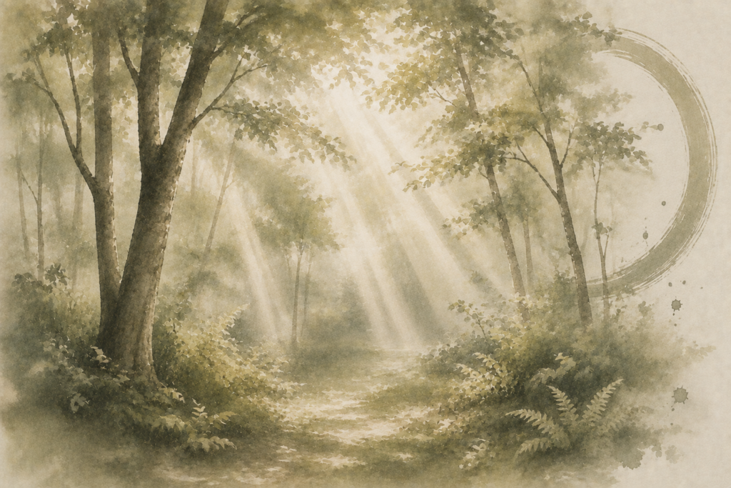 Watercolour of sunlight breaking through the canopy in a forest clearing