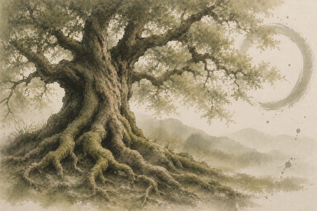 Watercolour of an aged oak tree with exposed roots