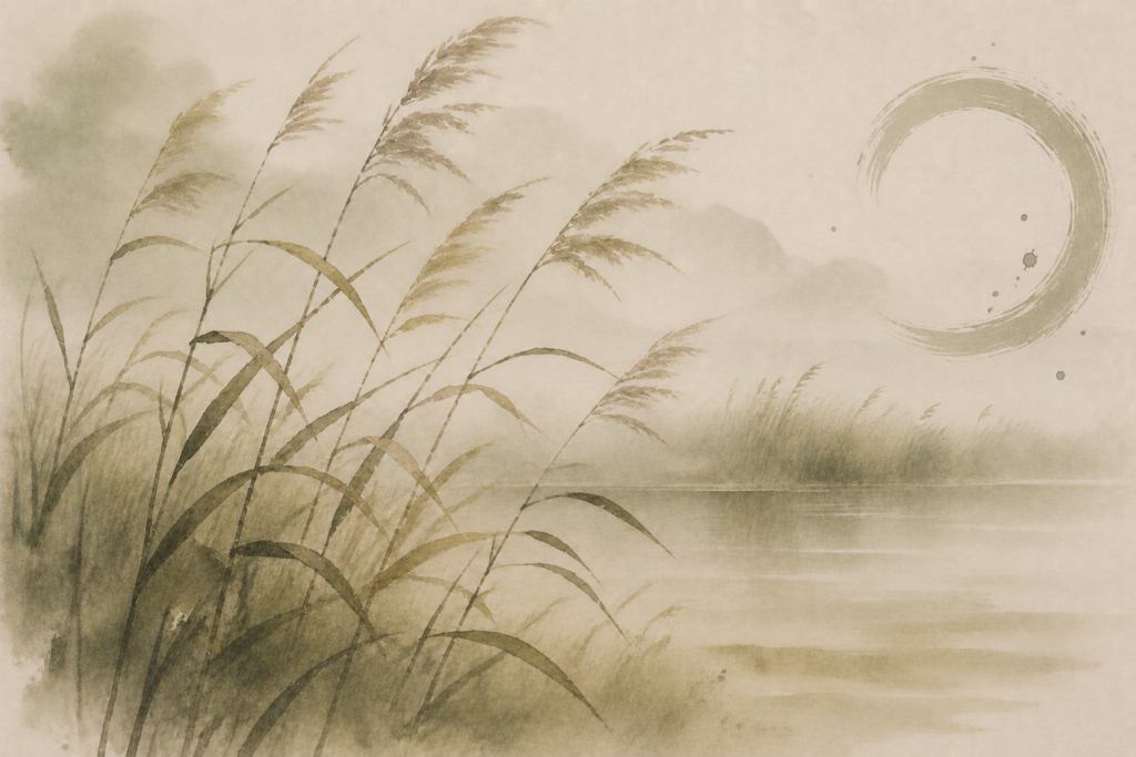 Reeds gently moving in the breeze beside a misty lake