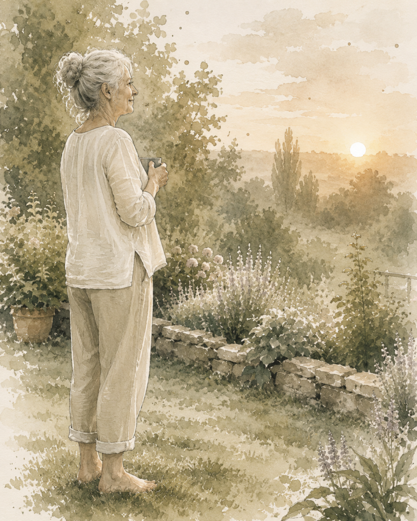 Elegant older woman in relaxed clothing pauses to watch the sunrise