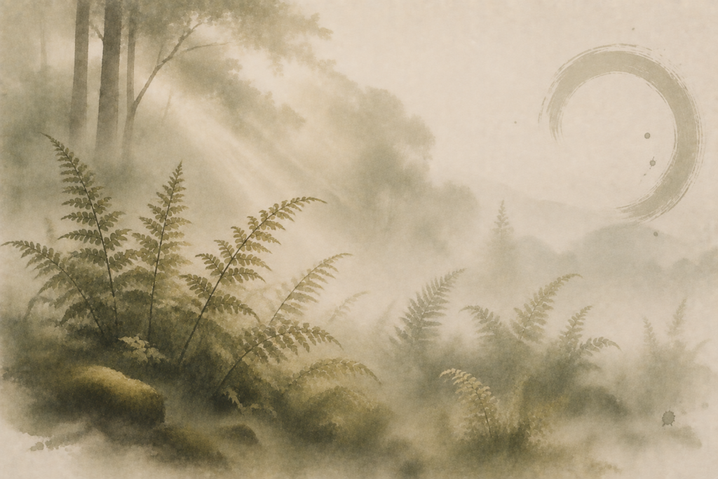 misty watercolour of ferns in the foreground with sunlight breaking through the trees and mountains in the distance