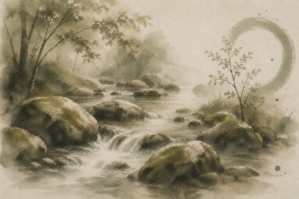 Watercolour image of a stream flowing over and around moss covered rocks in a misty landscapre