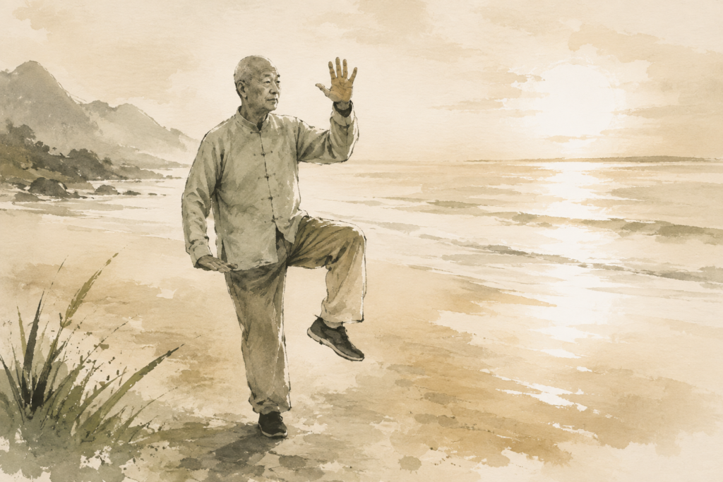 A watercolour image of a senior chinese man doing Tai Chi on the beach at sunset