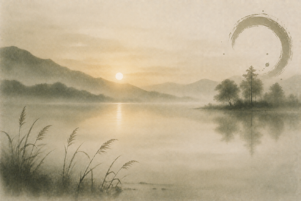 misty watercolour of the sun rising over a lake with reeds in the foreground and mountains in the distance