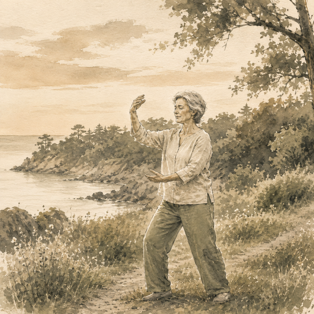 A serene senior woman practicing tai chi on a coastal path at sunrise