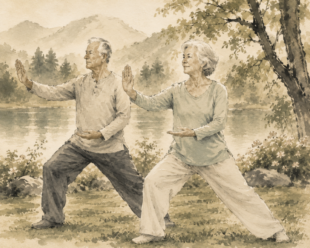 Watercolour image of two seniors practicing tai chi beside a lake with moutains in the background