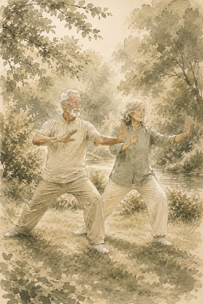 Watercolour image of a senior couple practicing gentle tai chi by a river