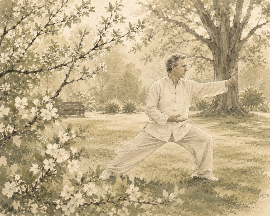 Watercolour image of a man in relaxed clothing practicing tai chi in the early morning in a spring park