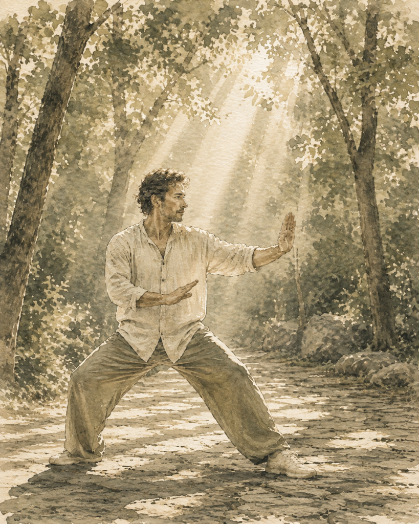 Tai Chi practice in early morning sunlight
