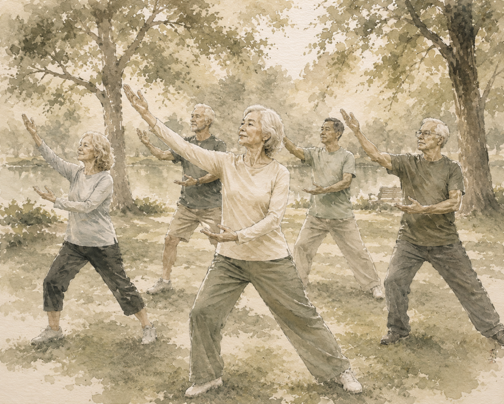 Watercolour image of a group of seniors practicing tai chi together in a park